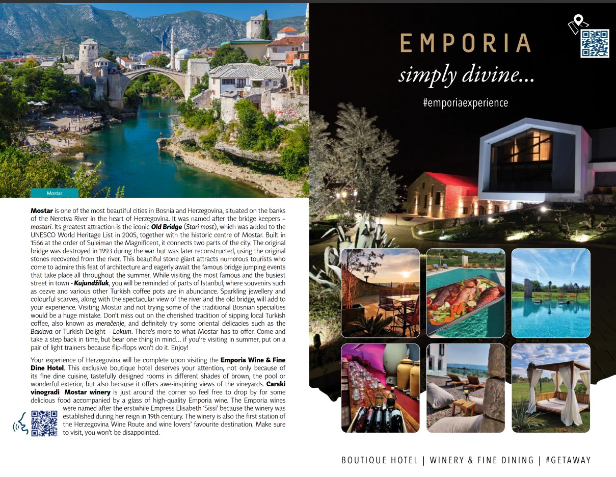 Mostar's Old Bridge and Emporia Wine & Fine Dine Hotel, as featured in Explore Adriatic's 2024 Smart Guide