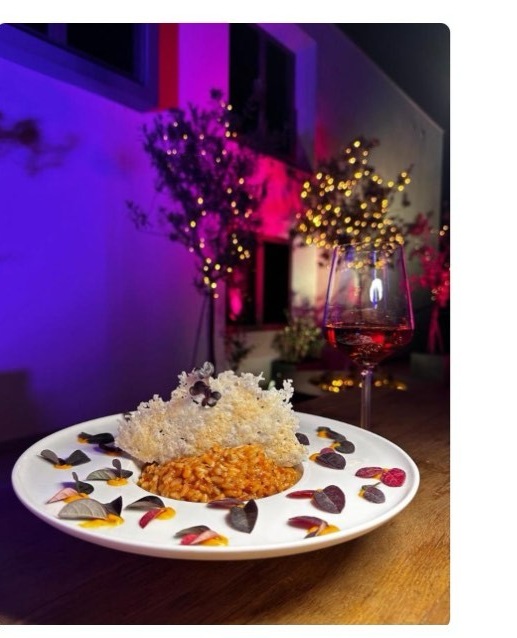 A plated slow-food course and glass of Emporia wine on the estate's terrace, lit for the holiday season